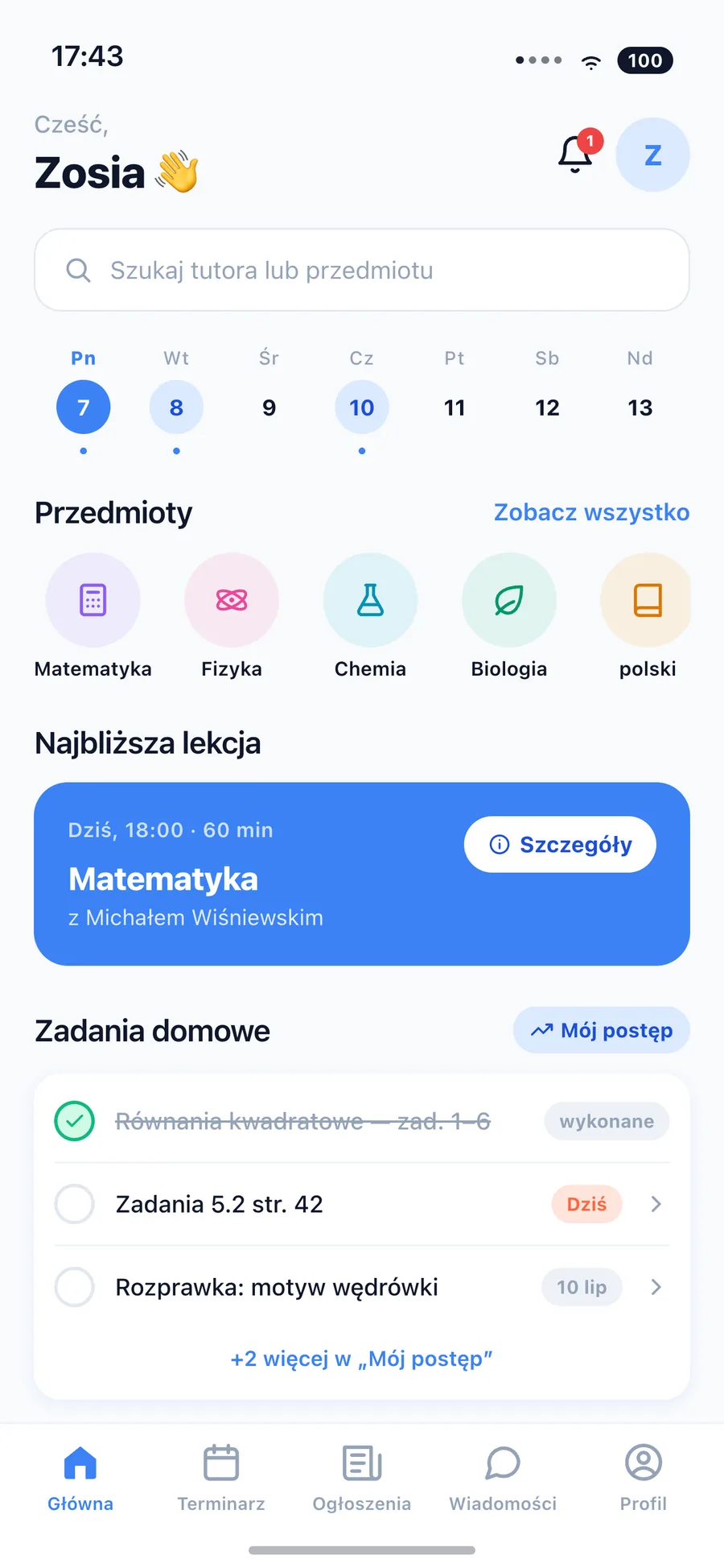 Ekran główny aplikacji PoraNaKorki w widoku ucznia