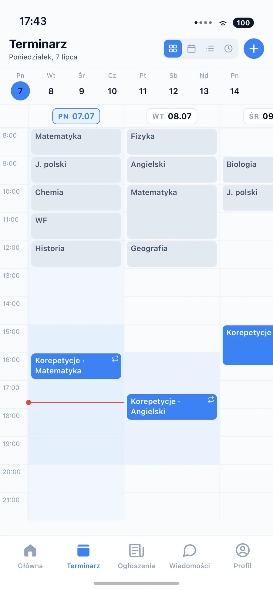 Terminarz z planem lekcji i zaplanowanymi korepetycjami