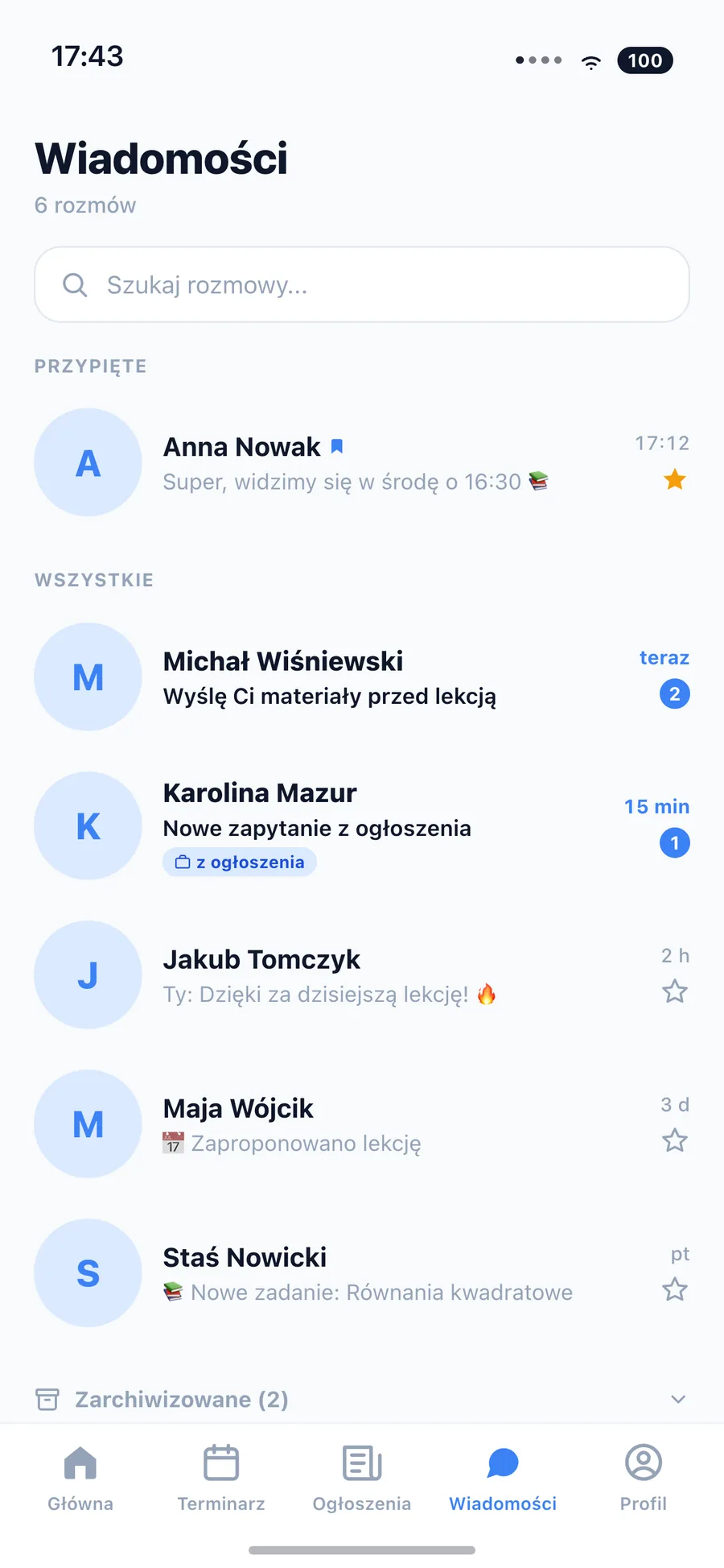 Lista wiadomości z zapytaniami od korepetytorów